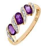 0.59ct Bezel Set Oval Amethyst  and Diamond Pave 3 Stone Ring in UK Hallmarked 9ct Yellow Gold